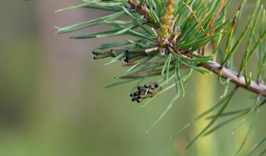 European pine sawfly larvae that look like caterpillars infest a pine tree in Ohio.