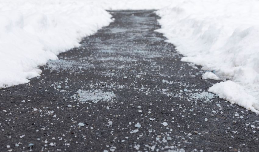 Ice melt or road salt on a black sidewalk or driveway with piles of snow on either side of the path.