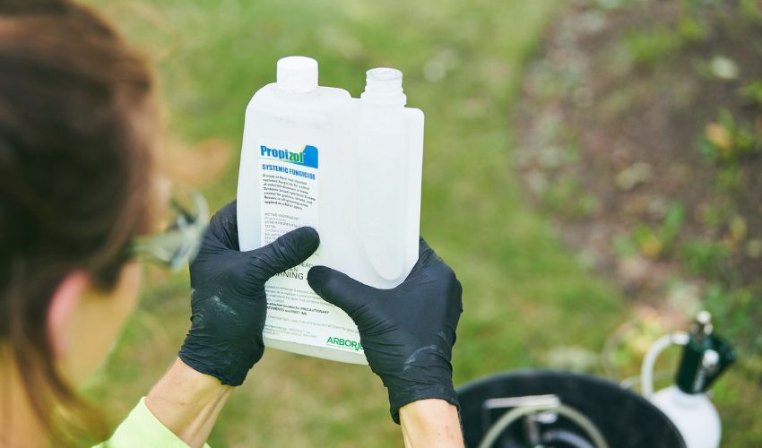 An Independent Tree Plant Health Care employee reviews the details on a bottle of fungicide before applying the treatment on an Ohio property.