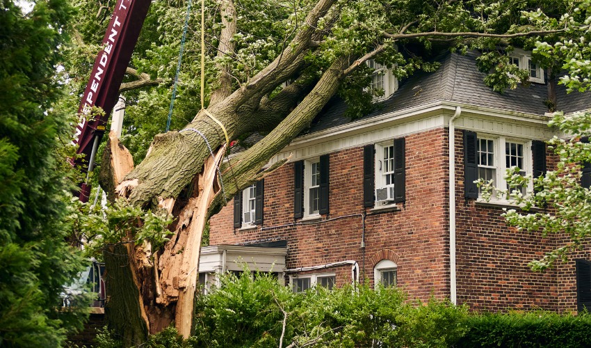 Professional crane removing large storm damaged tree that has fallen onto brick house showing emergency tree removal services in Northeast Ohio.