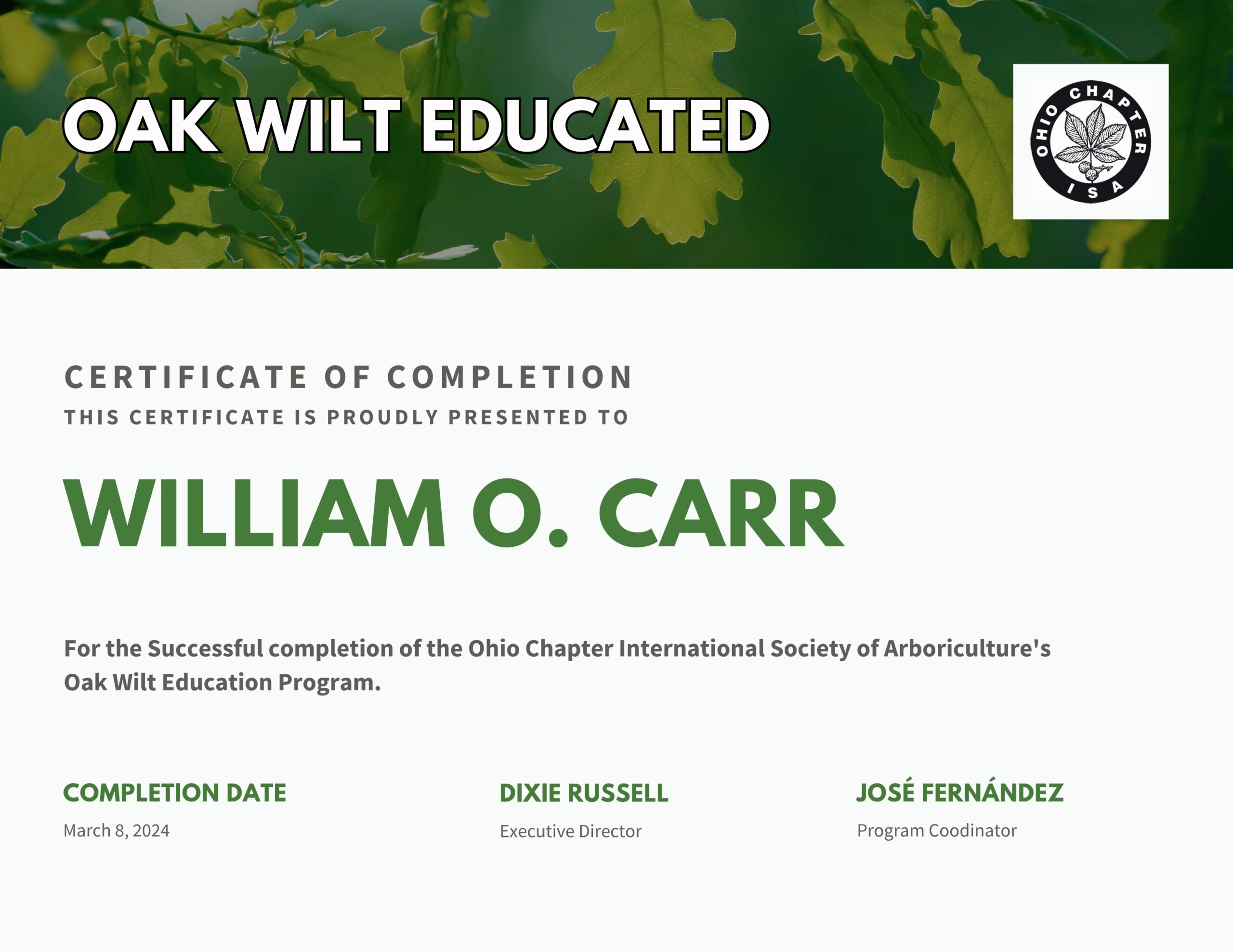 William Oak Wilt Certified