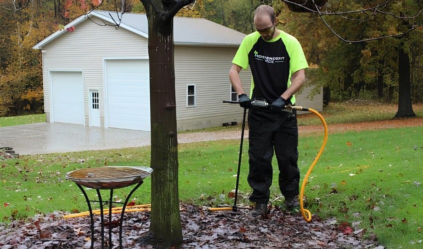 Close-up of deep root fertilization injector probe being inserted into soil at the base of a mature tree, showing the injection technique and grid pattern placement.